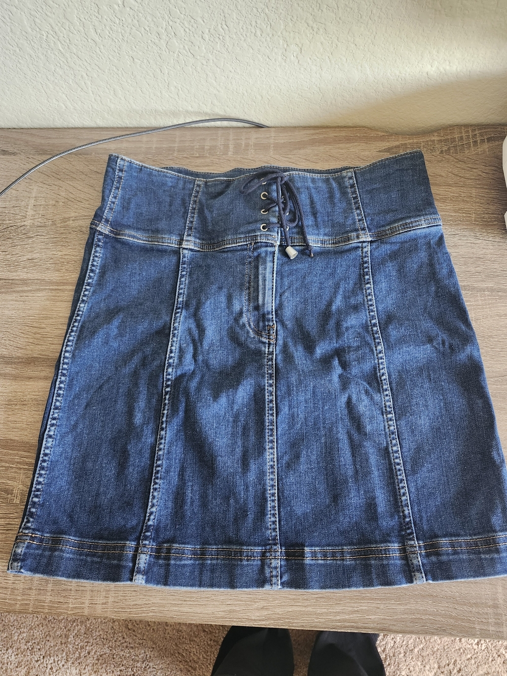 Free People Dark Blue Denim Lace-Up Waist Pencil Skirt